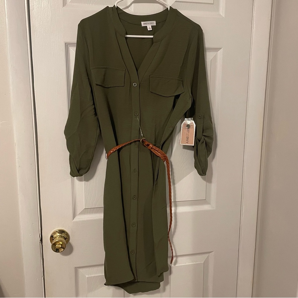 Army Olive Green Belted Button-down dress